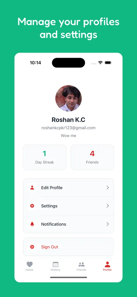 App Screenshot showing manageprofile